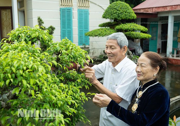 Niềm vui tuổi già của vợ chồng ông Phạm Sỹ Phu bên vườn cây cảnh tại gia đình.