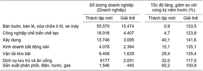 Doanh nghiệp thành lập mới và giải thể tám tháng năm 2026 phân theo một số lĩnh vực hoạt động – Nguồn: Cục Thống kê.
