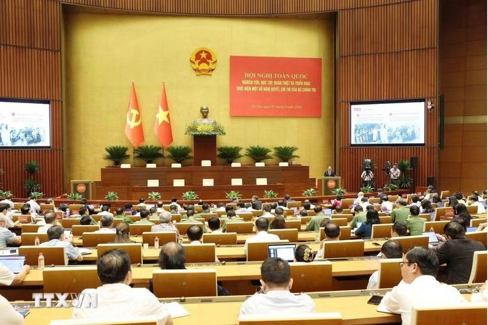 Toàn cảnh Hội nghị toàn quốc nghiên cứu, học tập, quán triệt và triển khai thực hiện một số Nghị quyết, Chỉ thị của Bộ Chính trị trực tuyến tới nhiều điểm cầu trong cả nước, sáng 3/9/2026. (Ảnh: Phương Hoa/TTXVN)