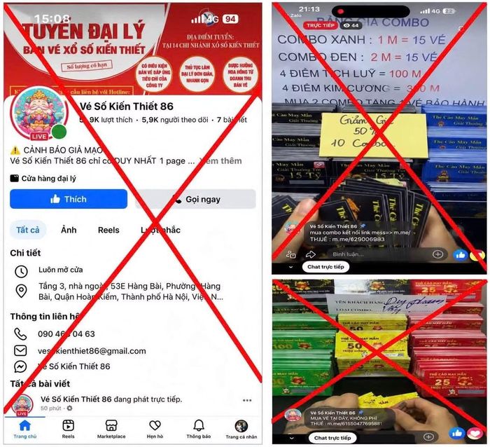 Trang Facebook và hình ảnh nhóm đối tượng sử dụng để quảng bá, livestream, giới thiệu các "combo", "thẻ cào may mắn"... lôi kéo người dân tham gia.