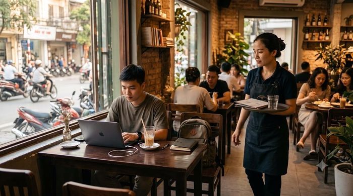 Cách khách hàng “cắm rễ” cả ngày khiến chủ quán khó xử, không biết làm sao để nhắc nhở. (Ảnh minh họa: AI)