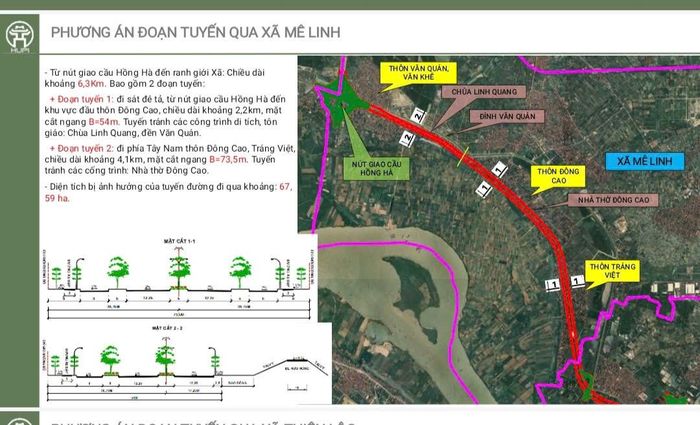 Phương án đoạn tuyến qua xã Mê Linh. Ảnh: PV