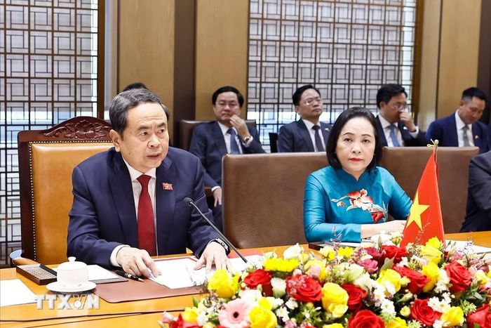 Chủ tịch Quốc hội Trần Thanh Mẫn phát biểu tại hội đàm. Ảnh: TTXVN