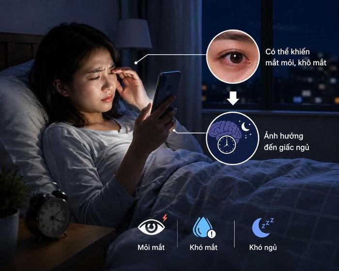 Dùng điện thoại trước khi ngủ có thể gây mỏi mắt, khô mắt và khó ngủ