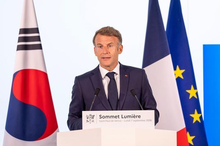 Tổng thống Pháp Emmanuel Macron phát biểu tại Hội nghị thượng đỉnh Lumière. Ảnh: Internet