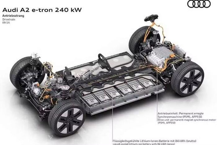 Bên trong xe, Audi A2 e-tron được trang bị bảng đồng hồ kỹ thuật số 11,9 inch được đặt cạnh màn hình cảm ứng cong 12,8 inch trong khi cần số đã chuyển lên cột vô lăng. Điều này tạo thêm không gian cho 2 sạc không dây Qi 2.2 với công suất 25 W trên bảng điều khiển trung tâm.