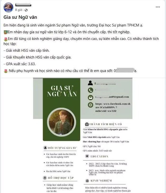 Một sinh viên sư phạm đăng tin nhận làm thêm công việc gia sư.