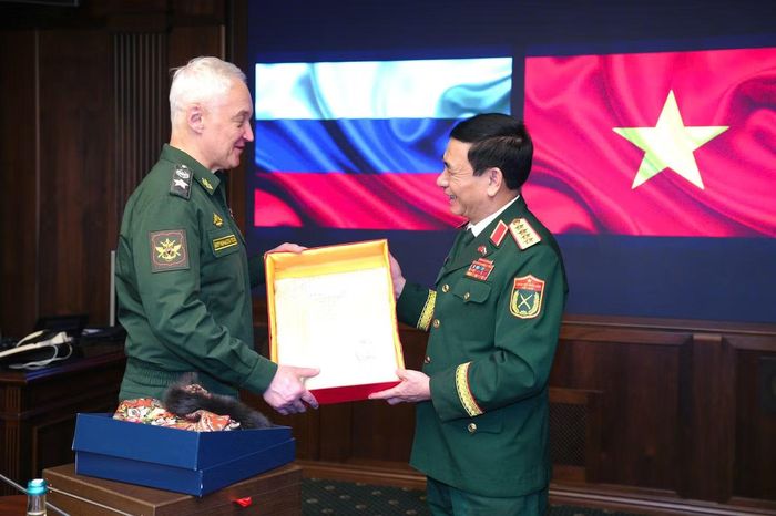 Bộ trưởng Quốc phòng hai nước trao đổi tại cuộc hội kiến.