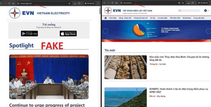 Giao diện trang web chính thức của EVN (bên phải) và trang web giả mạo (bên trái) với các nút tải giả mạo huy hiệu/logo Google Play và App Store nhằm dụ dỗ người dùng tải về file ứng dụng độc hại mang tên "CSKH EVNSPC"