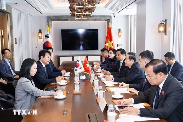 Chủ tịch Quốc hội Trần Thanh Mẫn tiếp Chủ tịch Nhóm Nghị sỹ Hữu nghị Hàn Quốc-Việt Nam Moon Jin-seok. (Ảnh: Doãn Tấn/TTXVN)