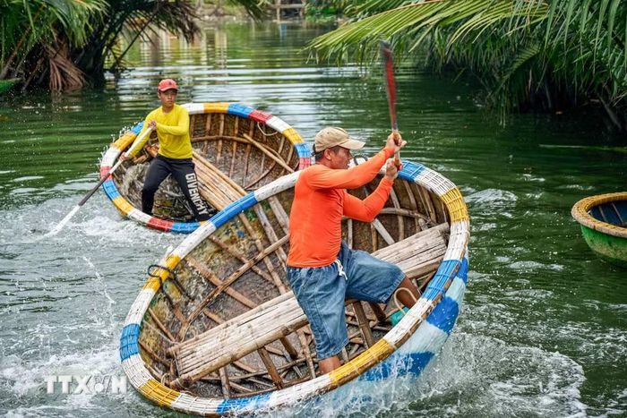 Màn biểu diễn múa thúng tạo điểm nhấn trong hành trình khám phá rừng dừa Bảy Mẫu. (Ảnh: Khánh Hòa/TTXVN)