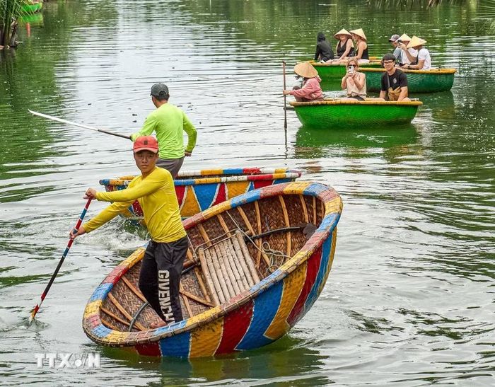 Màn biểu diễn múa thúng tạo điểm nhấn trong hành trình khám phá rừng dừa Bảy Mẫu. (Ảnh: Khánh Hòa/TTXVN)