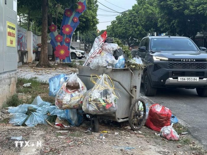 Rác thải ùn ứ tại các khu dân cư trên đường Đào Sùng Nhạc, phường Vĩnh Phúc. (Ảnh: Nguyễn Thảo/TTXVN)