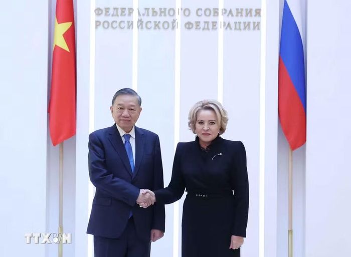 Tổng Bí thư, Chủ tịch nước Tô Lâm hội kiến Chủ tịch Thượng viện Nga Valentina Matvienko. (Ảnh: Thống Nhất/TTXVN)