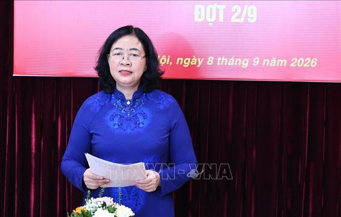 Đồng chí Bùi Thị Minh Hoài, Ủy viên Bộ Chính trị, Bí thư Trung ương Đảng, Chủ tịch Ủy ban Trung ương MTTQ Việt Nam phát biểu chỉ đạo. Ảnh: Minh Đức/TTXVN