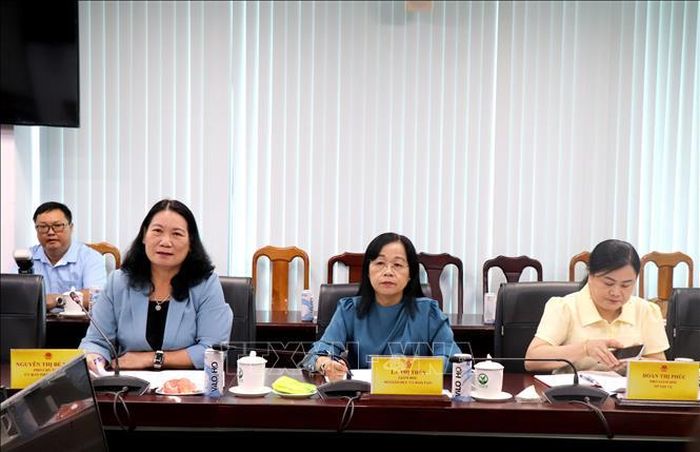 Bà Nguyễn Thị Bé Mười (thứ nhất từ trái qua), Phó Chủ tịch UBND tỉnh Vĩnh Long, phát biểu tại buổi làm việc.