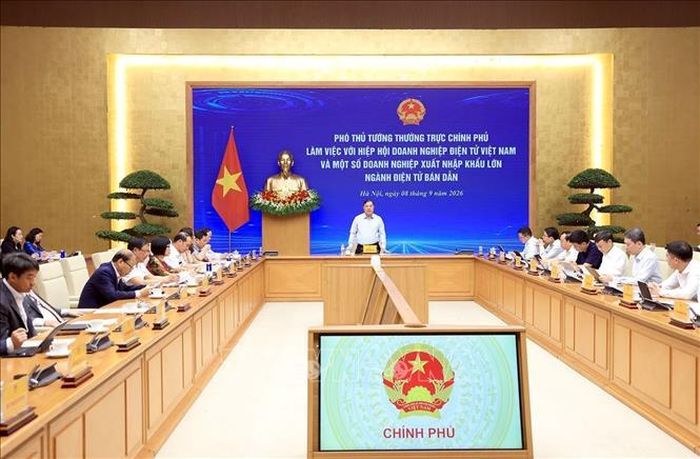 Phó Thủ tướng Thường trực Phạm Gia Túc chủ trì làm việc với Hiệp hội Điện tử Việt Nam và các doanh nghiệp xuất nhập khẩu lớn của ngành điện tử bán dẫn. Ảnh: Tuấn Anh/TTXVN