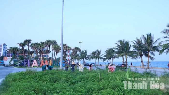 Dân quân và các em học sinh tham gia làm vệ sinh khu vực khu vực Flamingo.