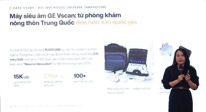 Bà Nguyễn Thị Minh Giang, Nhà sáng lập kiêm CEO của Newing, chia sẻ câu chuyện của Tập đoàn GE tại Trung Quốc về "đổi mới sáng tạo ngược" tại buổi công bố sự kiện. Ảnh: Newing
