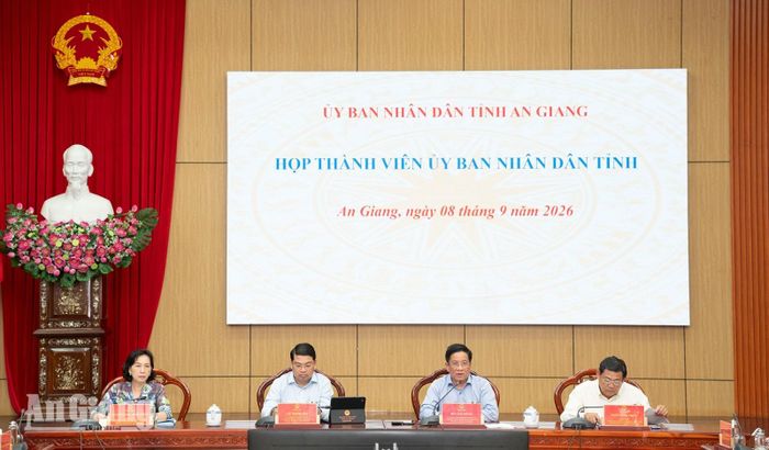 Chủ tịch UBND tỉnh An Giang Hồ Văn Mừng (thứ hai, từ phải qua) phát biểu tại cuộc họp.