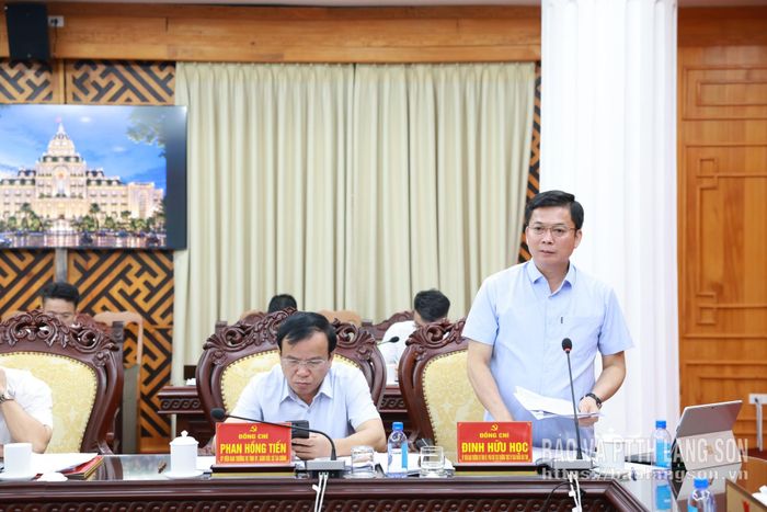 Đồng chí Đinh Hữu Học, Ủy viên Ban Thường vụ Tỉnh ủy, Phó Chủ tịch Thường trực UBND tỉnh phát biểu tại buổi làm việc