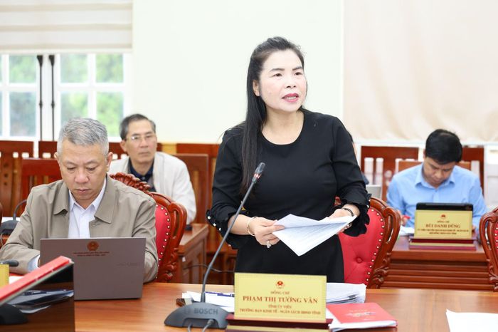 Tỉnh ủy viên, Trưởng Ban Kinh tế - Ngân sách HĐND tỉnh Phạm Thị Tường Vân báo cáo các nội dung thuộc thẩm quyền