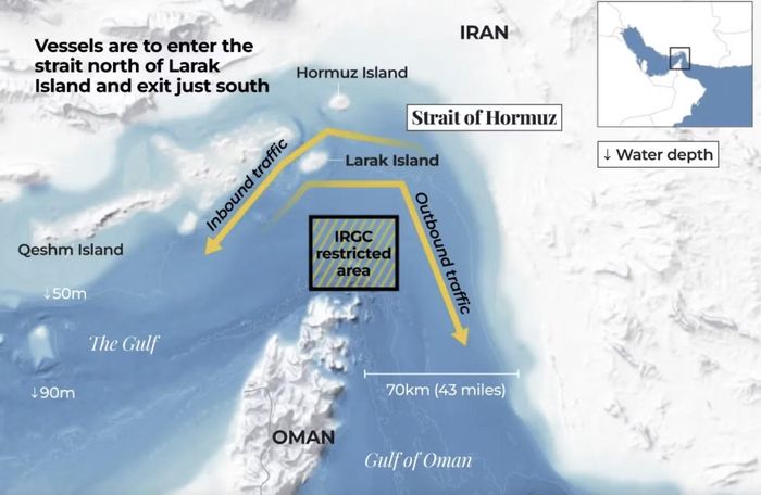 Tuyến đường di chuyển qua Hormuz mà Iran công bố hồi tháng 4. Nguồn: Reuters, IRGC, Aljazeera