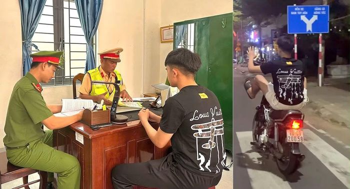 Phòng CSGT Công an tỉnh Đắk Lắk phối hợp Công an phường Phú Yên mời làm việc, lập biên bản vi phạm hành chính đối với nam thiếu niên điều khiển xe mô tô bằng hai chân (ảnh trái); Hình ảnh nam thiếu niên điều khiển xe mô tô bằng hai chân được quay lại và đăng tải trên mạng xã hội (ảnh phải).