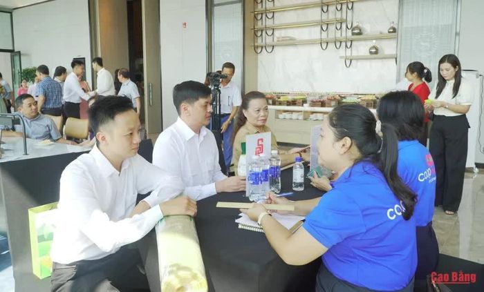 Đại diện doanh nghiệp Cao Bằng giới thiệu sản phẩm đặc trưng với các nhà phân phối của 8 tỉnh, thành phố tại chương trình.