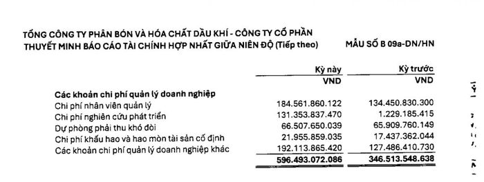 Chi phí nghiên cứu phát triển sáu tháng đầu năm 2026 của Đạm Phú Mỹ đạt 131,35 tỷ đồng, so với 1,22 tỷ đồng cùng kỳ. Ảnh chụp màn hình báo cáo.