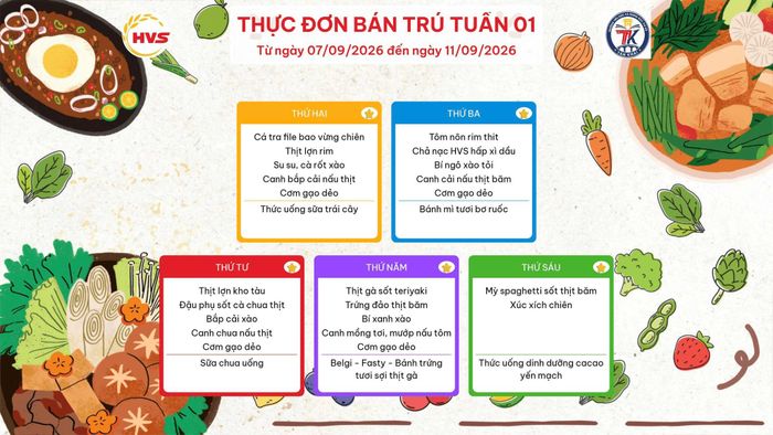 Thực đơn bữa ăn bán trú tuần 1 của phân hiệu Tiểu học Tân Khai, từ ngày 7-9 đến 11-9-2026. Ảnh: Nhà trường cung cấp