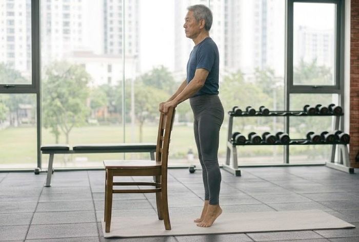 Bài tập nâng gót chân giúp những người tuổi 60 bước đi vững vàng hơn. Ảnh minh họa AI.