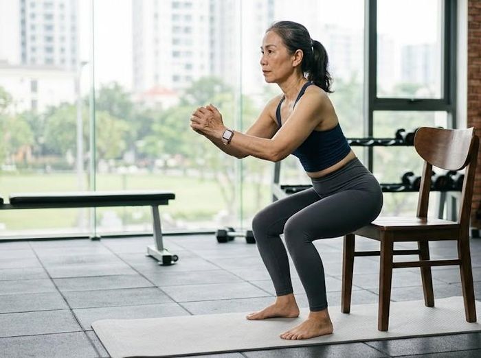 Bài tập đứng lên, ngồi xuống trên ghế tác động chủ yếu đến cơ đùi, cơ mông và các nhóm cơ quanh hông hỗ trợ khả năng đứng lên, ngồi xuống và di chuyển. Ảnh minh họa AI.