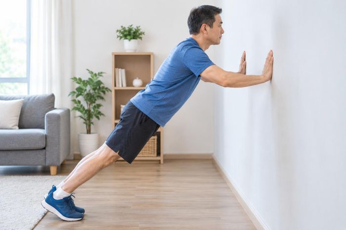 Chống đẩy tường giúp những người tuổi 60 tăng sức mạnh thân trên. Ảnh: AI.