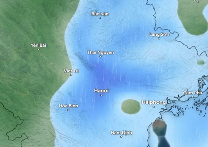 Dự báo mưa ở một số khu vực tại miền Bắc sáng mai, 10/9, do ảnh hưởng của không khí lạnh (những vùng màu xanh da trời là dự báo mưa nhỏ đến vừa), . Ảnh: Zoom Earth, OpenStreetMap, ICON.