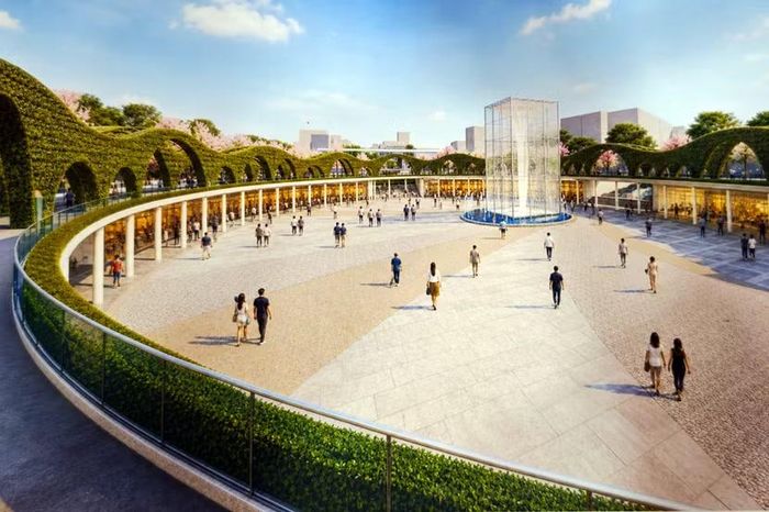 Góc nhìn từ lối đi trên cao của hành lang vòm xanh xuống mặt sân quảng trường rộng 4.250m2 lát đá hoa cương tự nhiên.
