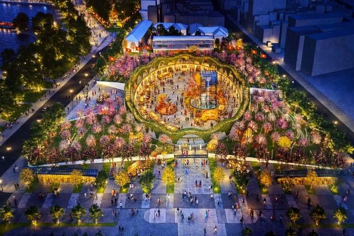 Toàn cảnh trên cao ban đêm rực rỡ ánh sáng, nơi quần thể Quảng trường Thời Đại bừng sáng như một viên ngọc lung linh bên mép nước hồ Gươm lịch sử.