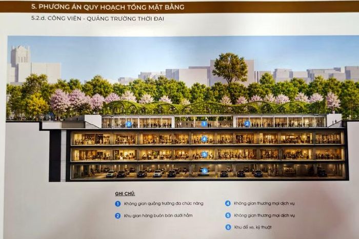Bản vẽ mặt cắt đứng thể hiện phương án khai thác không gian ngầm ba tầng hiện đại, chuyển toàn bộ hoạt động thương mại dịch vụ và bãi đỗ xe xuống phía dưới mặt đất.