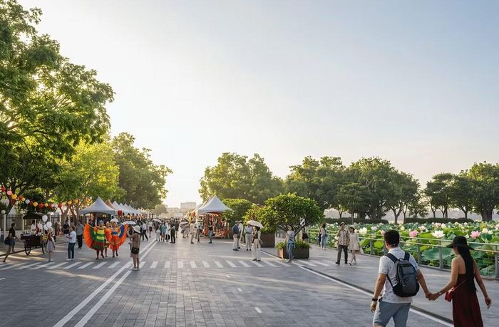Không gian đường Quảng Bá được quy hoạch gắn với cảnh quan mặt nước, cây xanh và các hoạt động sinh hoạt cộng đồng