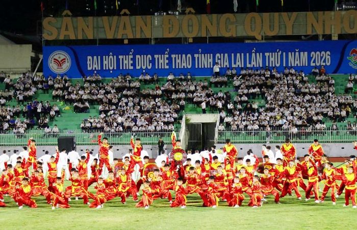 Các VĐV biểu diễn võ cổ truyền Bình Định tại lễ khai mạc