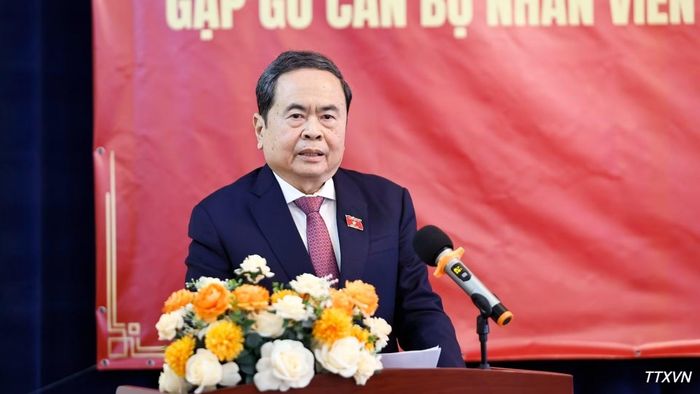 Chủ tịch Quốc hội Trần Thanh Mẫn phát biểu tại buổi gặp gỡ. (Ảnh: Doãn Tấn/TTXVN)