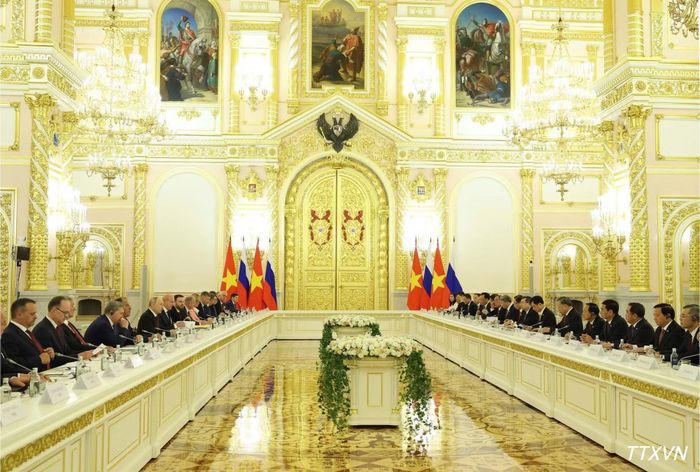 Tổng Bí thư, Chủ tịch nước Tô Lâm hội đàm chính thức với Tổng thống Liên bang Nga Vladimir Putin. (Ảnh: Thống Nhất-TTXVN)