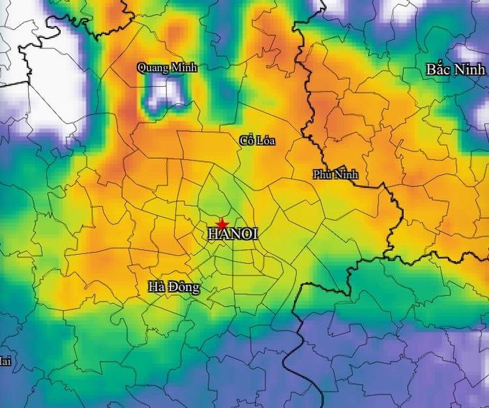  Ảnh radar thời tiết khu vực Hà Nội với khối mây lớn gây mưa diện rộng chiều 9-9. Nguồn: Chụp lại màn hình ứng dụng của Cục Khí tượng - thủy văn 