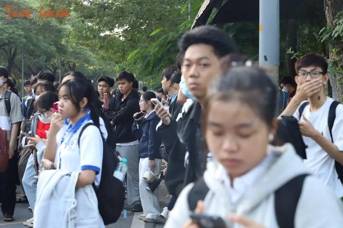 Nhiều sinh viên tranh thủ ăn sáng, kiểm tra lịch học trên điện thoại trong lúc đứng chờ xe buýt để kịp giờ vào lớp.