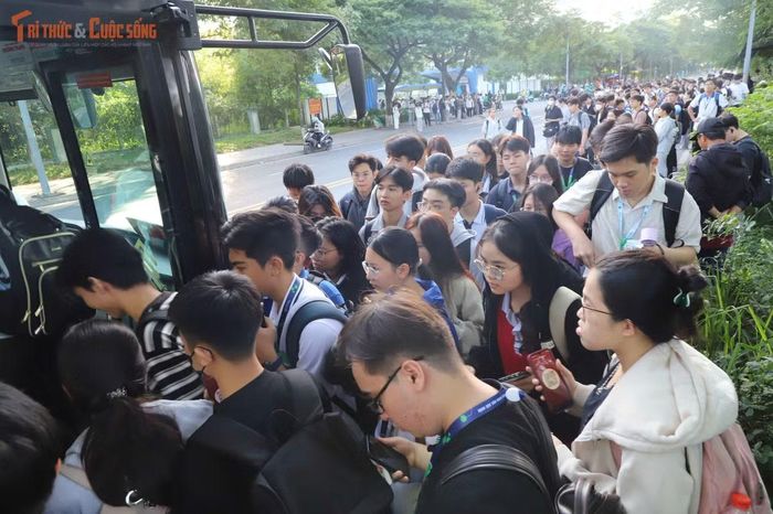 Sinh viên tranh thủ lên xe nhưng vẫn giữ trật tự, nhường nhau...