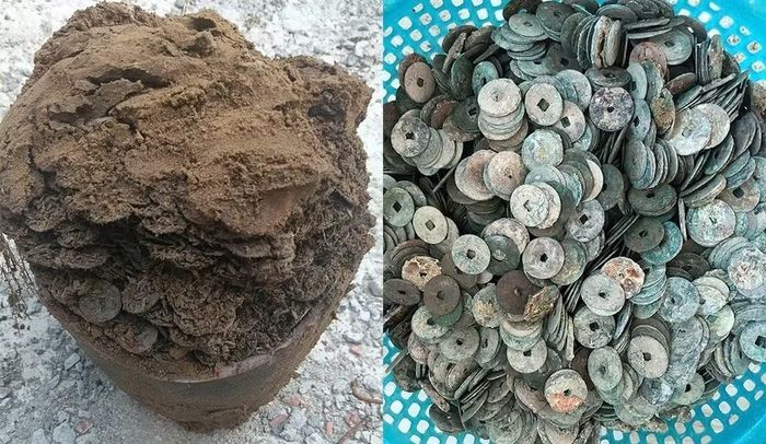 Chiếc chum bị vỡ và số tiền xu đang được anh Sơn lưu giữ. Ảnh: Hồng Sơn.