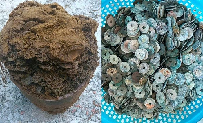 Chiếc chum bị vỡ cùng số tiền xu được gia đình anh Sơn lưu giữ sau khi phát hiện trong lúc đào móng xây nhà.