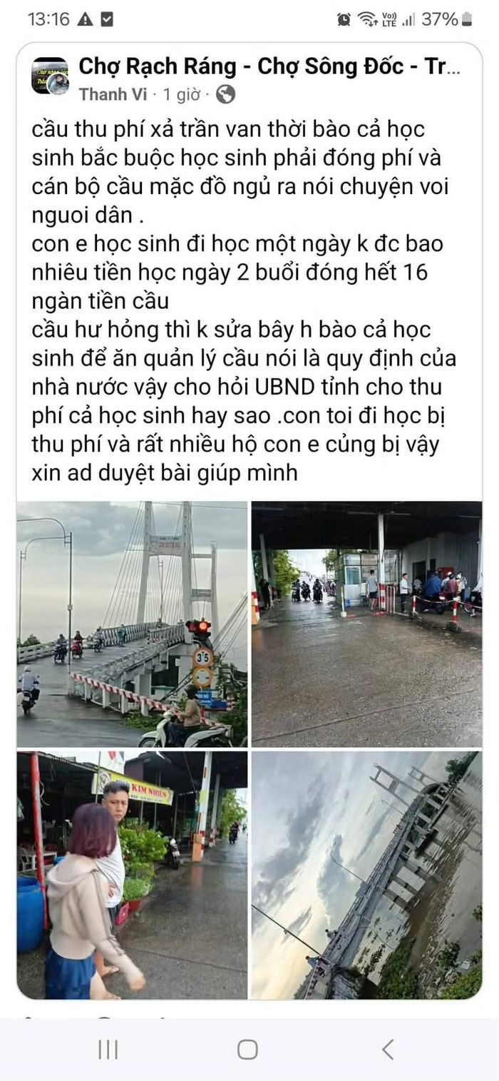 Tài khoản mạng xã hội phản ánh học sinh đi học phải tốn tiền phí qua cầu Rạch Ráng (xã Trần Văn Thời, Cà Mau).