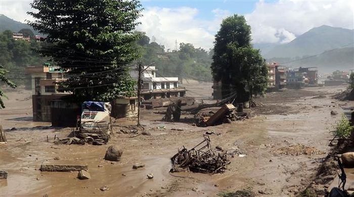 Khu vực bị tàn phá do lũ quét cuốn theo bùn đất tại huyện Rasuwa, Nepal, ngày 26/8/2026. Ảnh: ANI/TTXVN phát