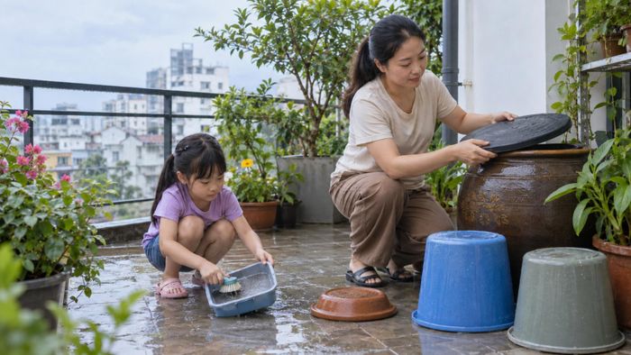 Ngành y tế khuyến cáo lật úp các vật dụng chứa nước và đóng nắp lu nước để tránh muỗi đẻ trứng. Ảnh minh hoạ